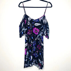 Express XS Floral Cold Shoulder Tank Dress Black Purple Blue Summer Vacation